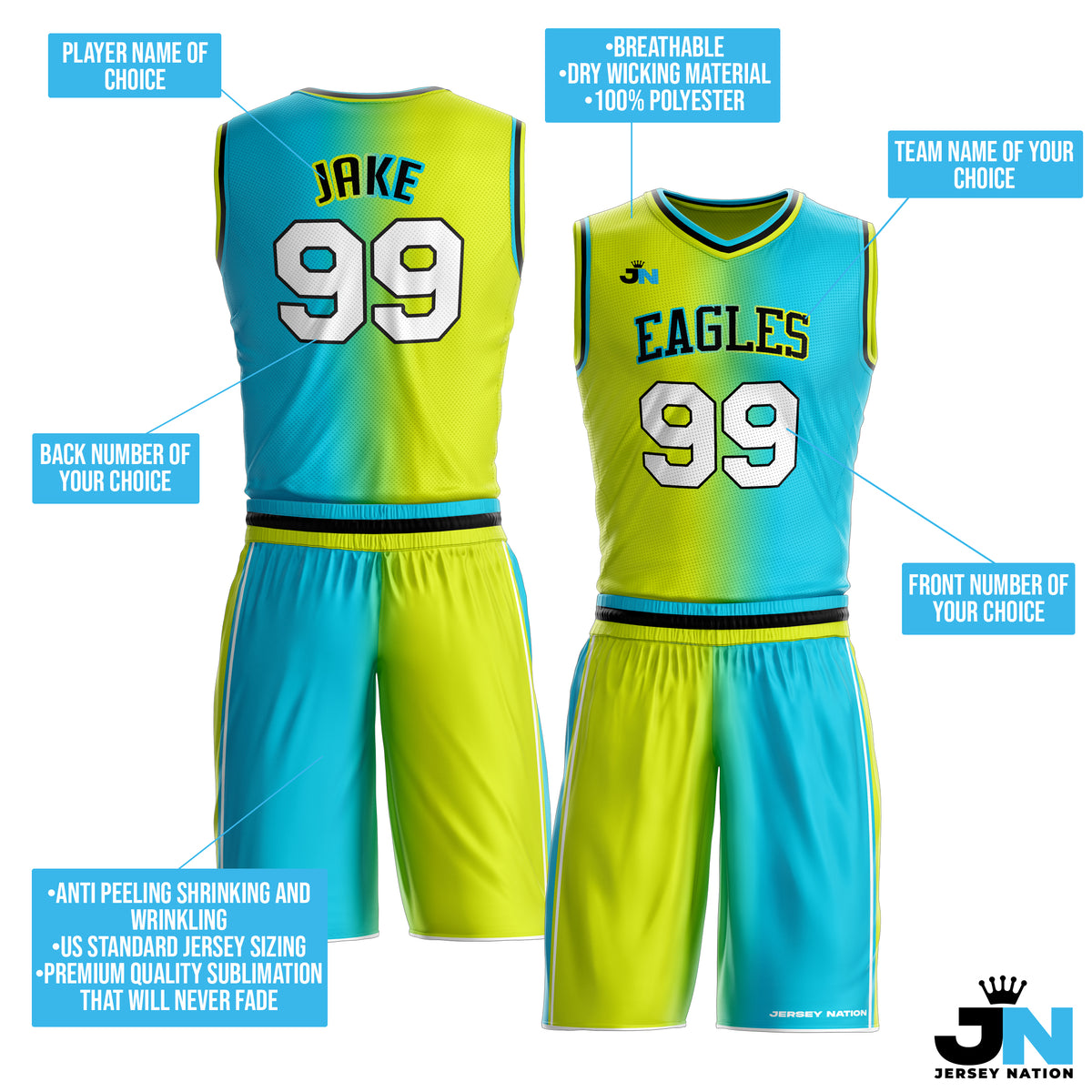 Custom Basketball Bulk Team Jersey and Shorts Set Green/Blue The Jersey Nation