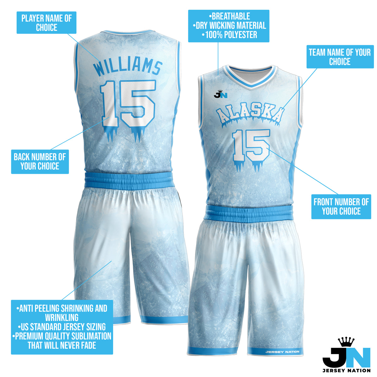 The Jersey Nation Icy Blue Custom Basketball Jersey - M