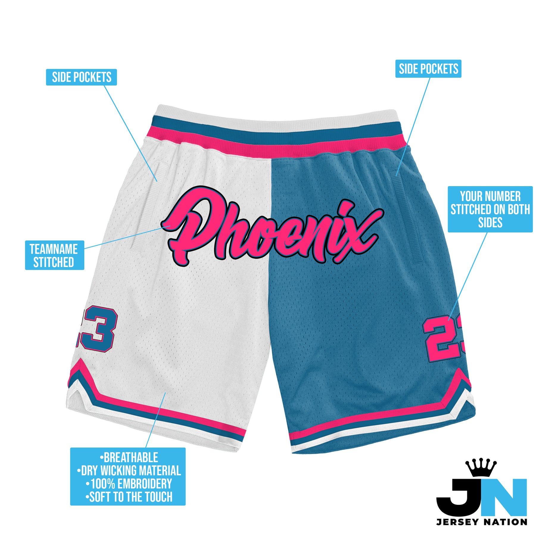 The Jersey Nation White Blue-Red Custom Basketball Shorts - XXL